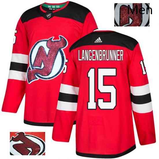 Mens Adidas New Jersey Devils 15 Jamie Langenbrunner Authentic Red Fashion Gold NHL Jersey